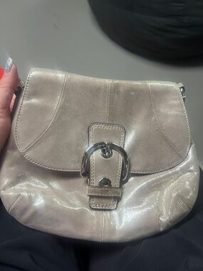 Coach Shimmer Taupe Leather Crossbody Bag with Signature Buckle & hangtag